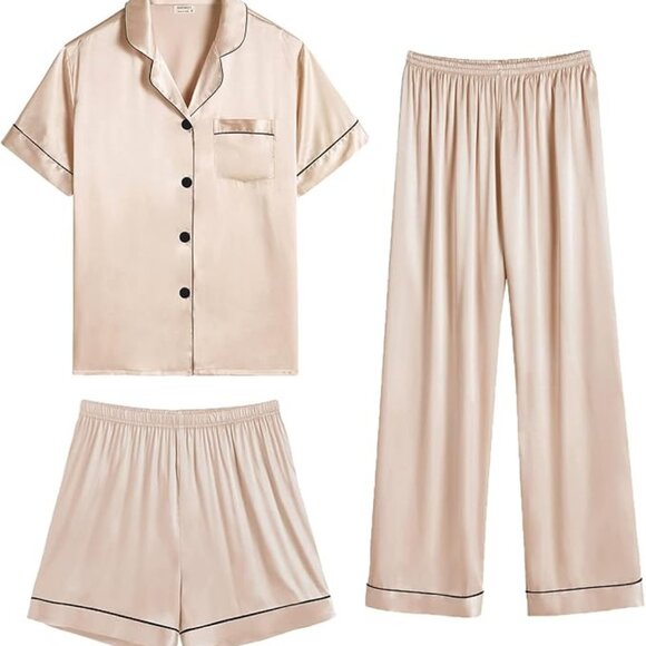 SWOMOG Silk Satin Pajamas 3 Piece Set - Picture 1 of 5
